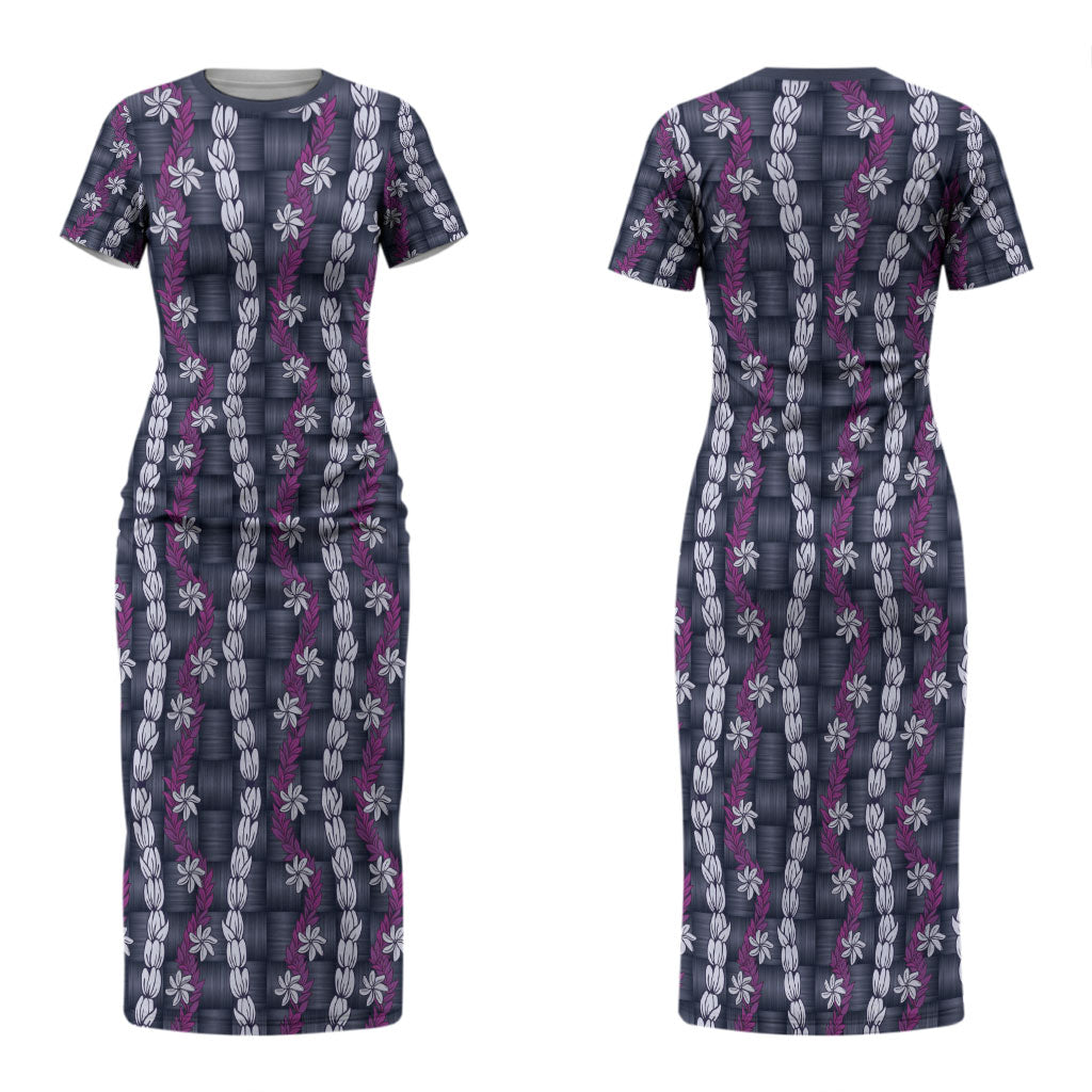 Pikake Maile Tiare Lei Couples Matching Short Sleeve Bodycon Dress and Long Sleeve Button Shirt Poni Lauhala Pattern LT01 - Polynesian Pride