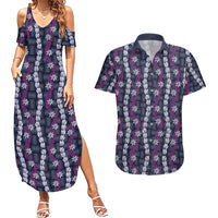 Pikake Maile Tiare Lei Couples Matching Summer Maxi Dress and Hawaiian Shirt Poni Lauhala Pattern