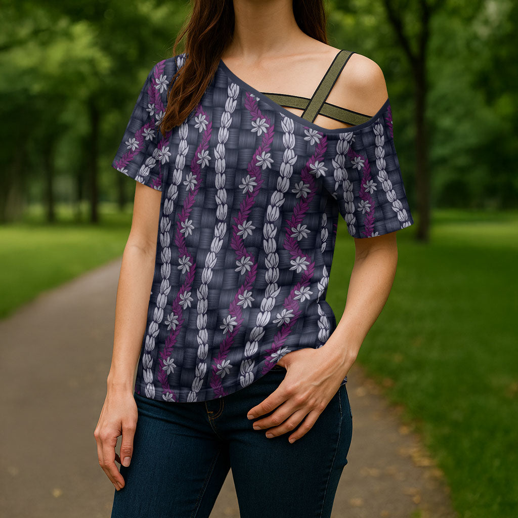 Pikake Maile Tiare Lei Cross Shoulder Shirt Poni Lauhala Pattern