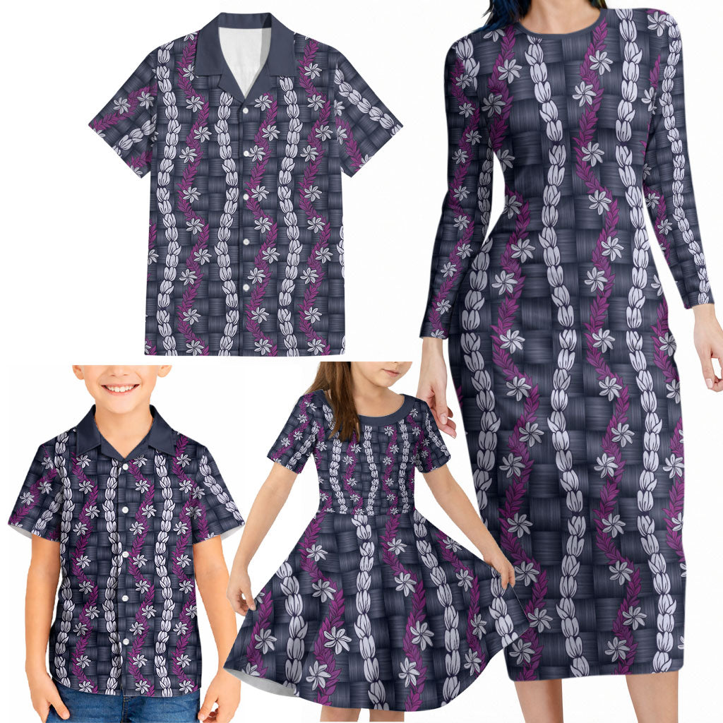 Pikake Maile Tiare Lei Family Matching Long Sleeve Bodycon Dress and Hawaiian Shirt Poni Lauhala Pattern LT01 - Polynesian Pride