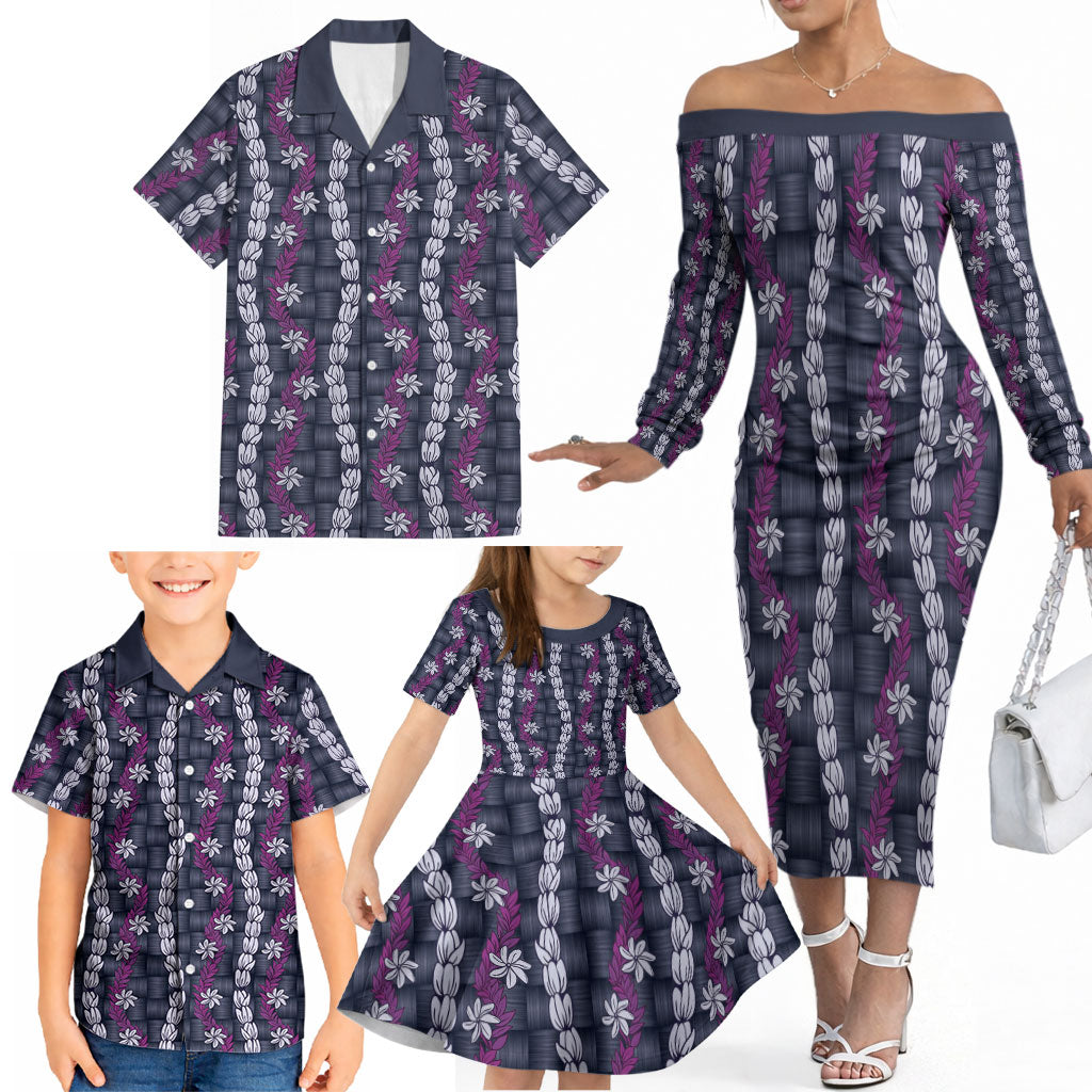 Pikake Maile Tiare Lei Family Matching Off The Shoulder Long Sleeve Dress and Hawaiian Shirt Poni Lauhala Pattern LT01 - Polynesian Pride