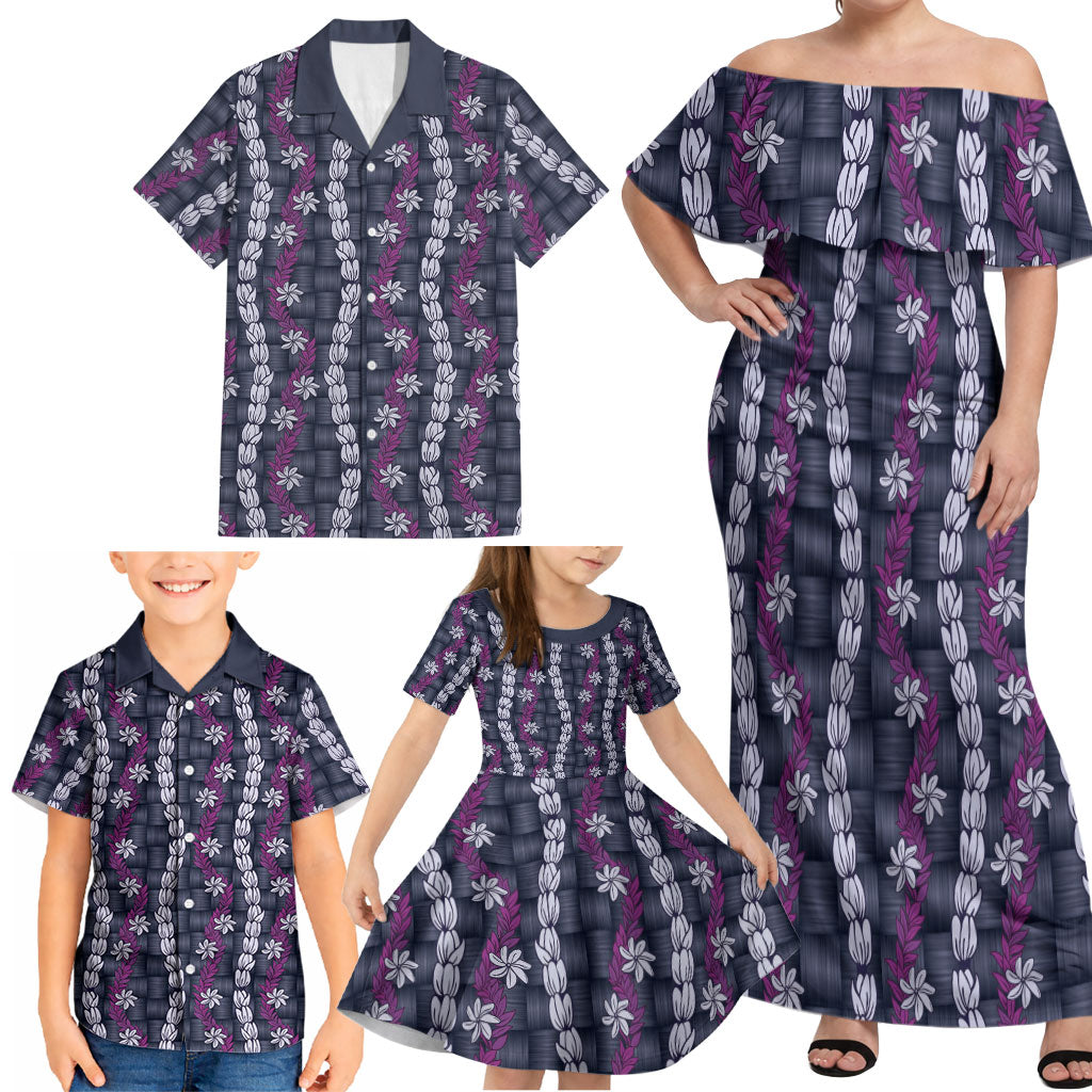Pikake Maile Tiare Lei Family Matching Off Shoulder Maxi Dress and Hawaiian Shirt Poni Lauhala Pattern LT01 - Polynesian Pride