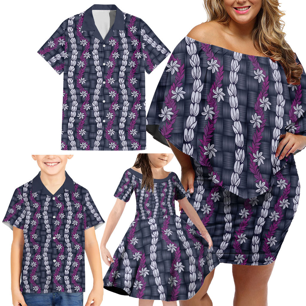 Pikake Maile Tiare Lei Family Matching Off Shoulder Short Dress and Hawaiian Shirt Poni Lauhala Pattern