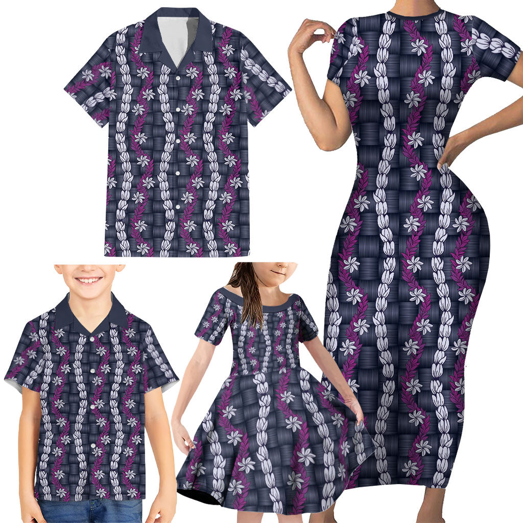 Pikake Maile Tiare Lei Family Matching Short Sleeve Bodycon Dress and Hawaiian Shirt Poni Lauhala Pattern
