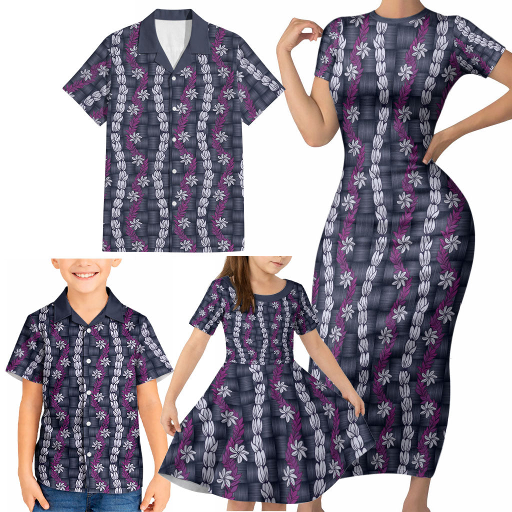 Pikake Maile Tiare Lei Family Matching Short Sleeve Bodycon Dress and Hawaiian Shirt Poni Lauhala Pattern LT01 - Polynesian Pride
