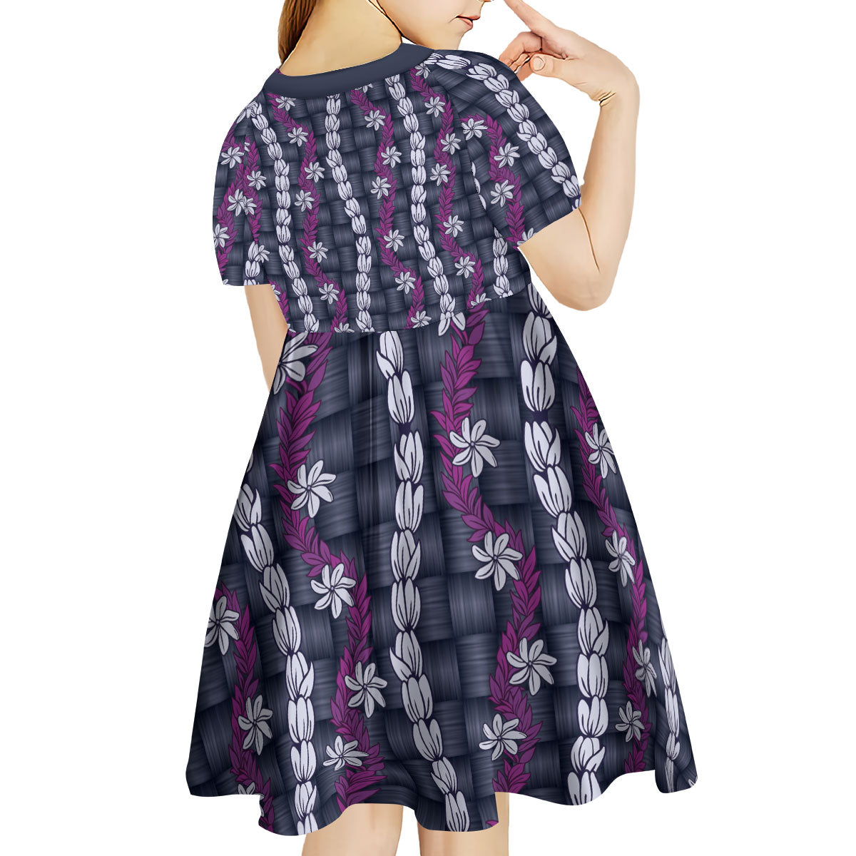 Pikake Maile Tiare Lei Kid Short Sleeve Dress Poni Lauhala Pattern