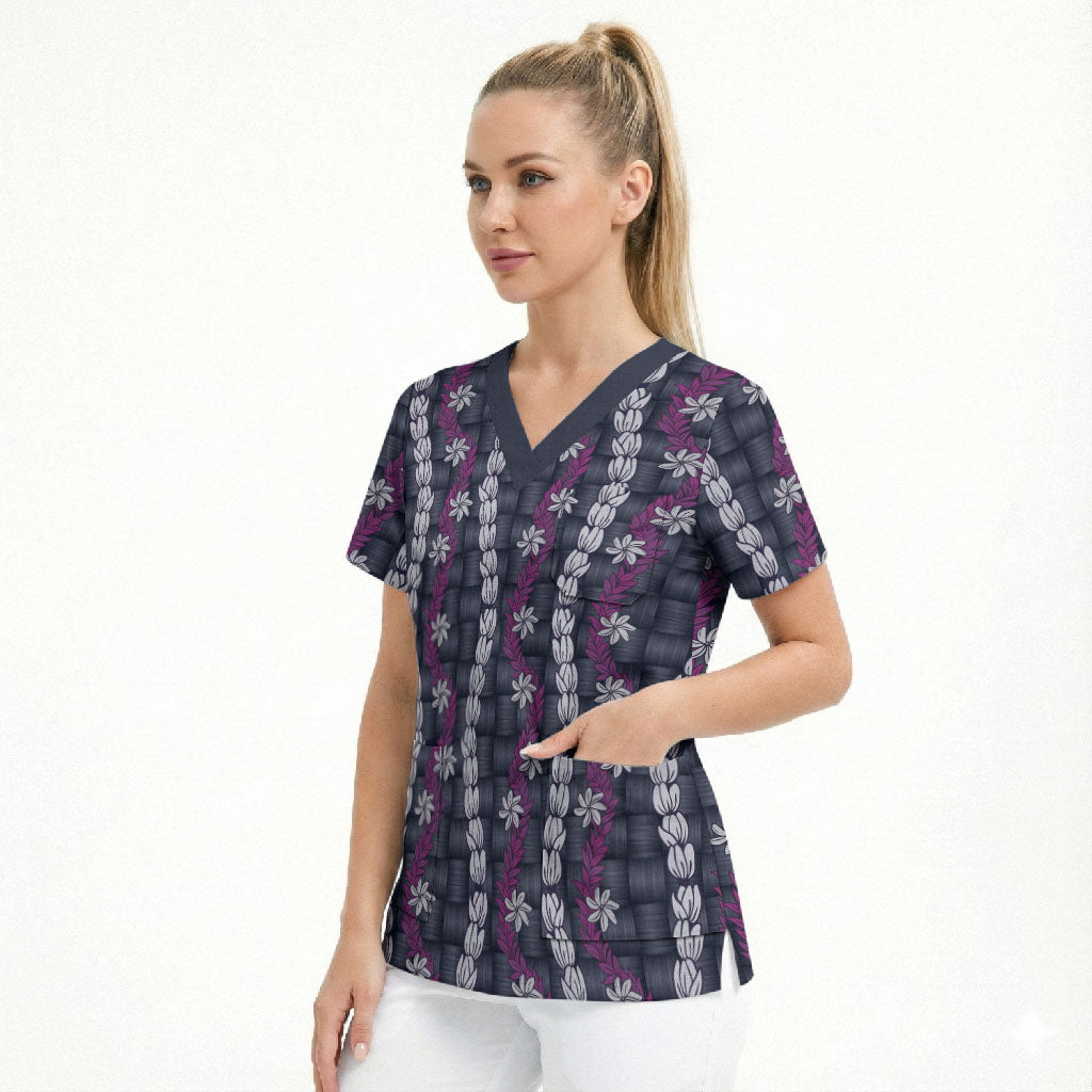 Pikake Maile Tiare Lei Scrub Top Poni Lauhala Pattern
