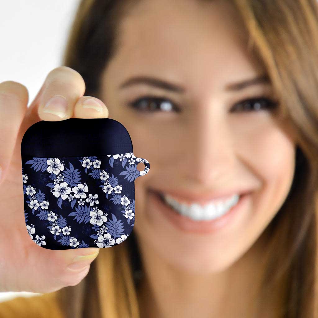 Hawaiian Hibiscus Tribal Floral Blue AirPods Case Polynesian Tapa Pattern - Polynesian Pride