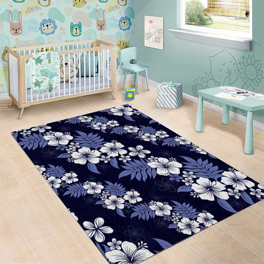 Hawaiian Hibiscus Tribal Floral Blue Area Rug Polynesian Tapa Pattern - Polynesian Pride