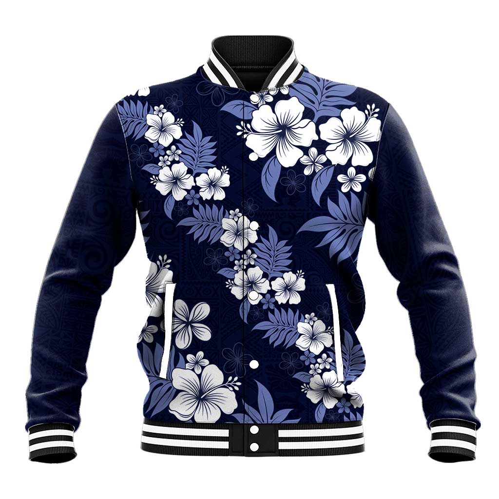 Hawaiian Hibiscus Tribal Floral Blue Baseball Jacket Polynesian Tapa Pattern LT01 Unisex Blue - Polynesian Pride