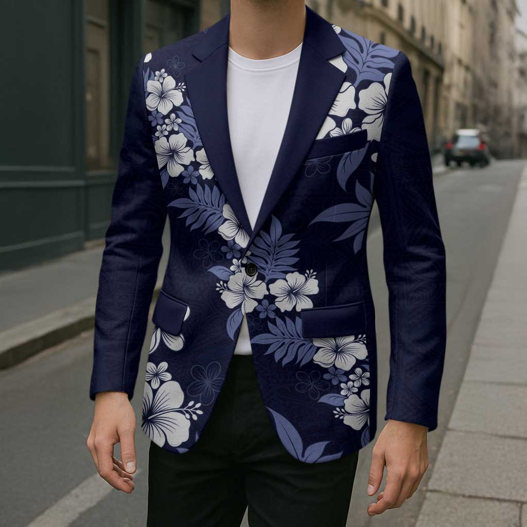 Hawaiian Hibiscus Tribal Floral Blue Blazer Polynesian Tapa Pattern - Polynesian Pride