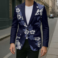 Hawaiian Hibiscus Tribal Floral Blue Blazer Polynesian Tapa Pattern - Polynesian Pride
