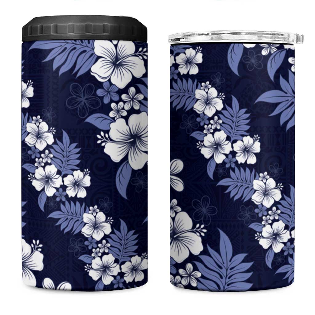 Hawaiian Hibiscus Tribal Floral Blue 4 in 1 Can Cooler Tumbler Polynesian Tapa Pattern - Polynesian Pride