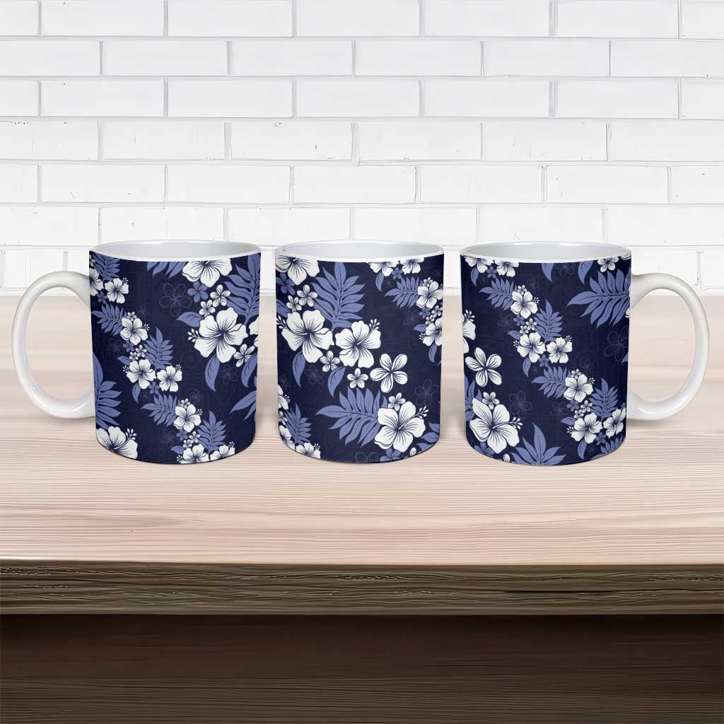 Hawaiian Hibiscus Tribal Floral Blue Ceramic Mug Polynesian Tapa Pattern - Polynesian Pride