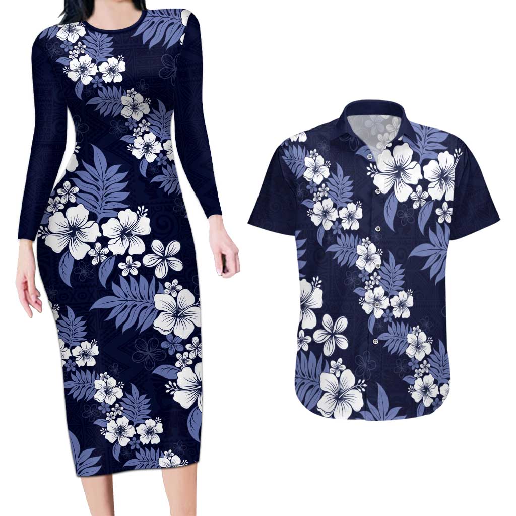 Hawaiian Hibiscus Tribal Floral Blue Couples Matching Long Sleeve Bodycon Dress and Hawaiian Shirt Polynesian Tapa Pattern - Polynesian Pride