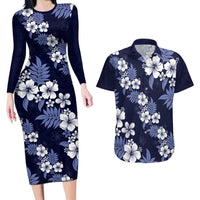 Hawaiian Hibiscus Tribal Floral Blue Couples Matching Long Sleeve Bodycon Dress and Hawaiian Shirt Polynesian Tapa Pattern LT01 Blue - Polynesian Pride