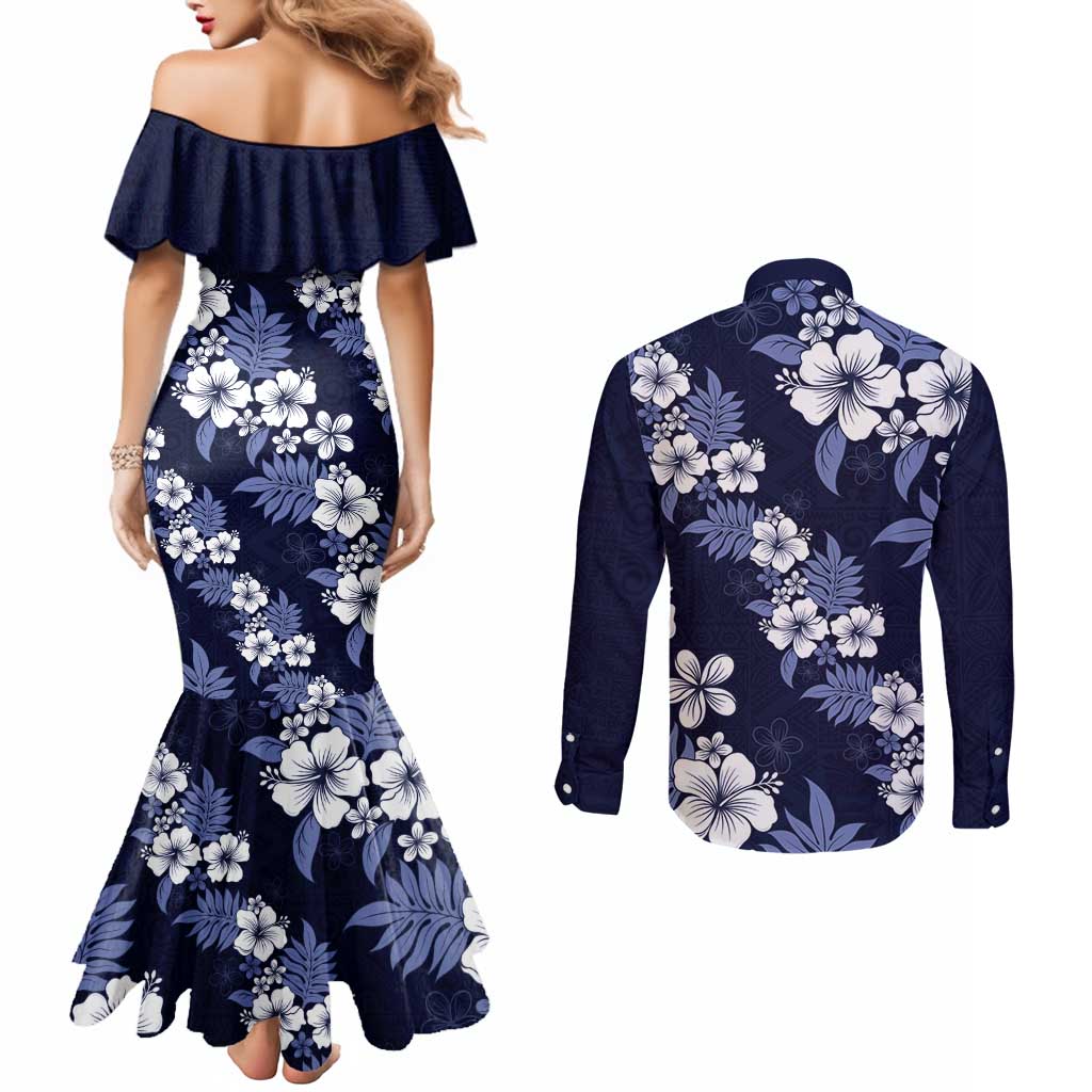 Hawaiian Hibiscus Tribal Floral Blue Couples Matching Mermaid Dress and Long Sleeve Button Shirt Polynesian Tapa Pattern - Polynesian Pride