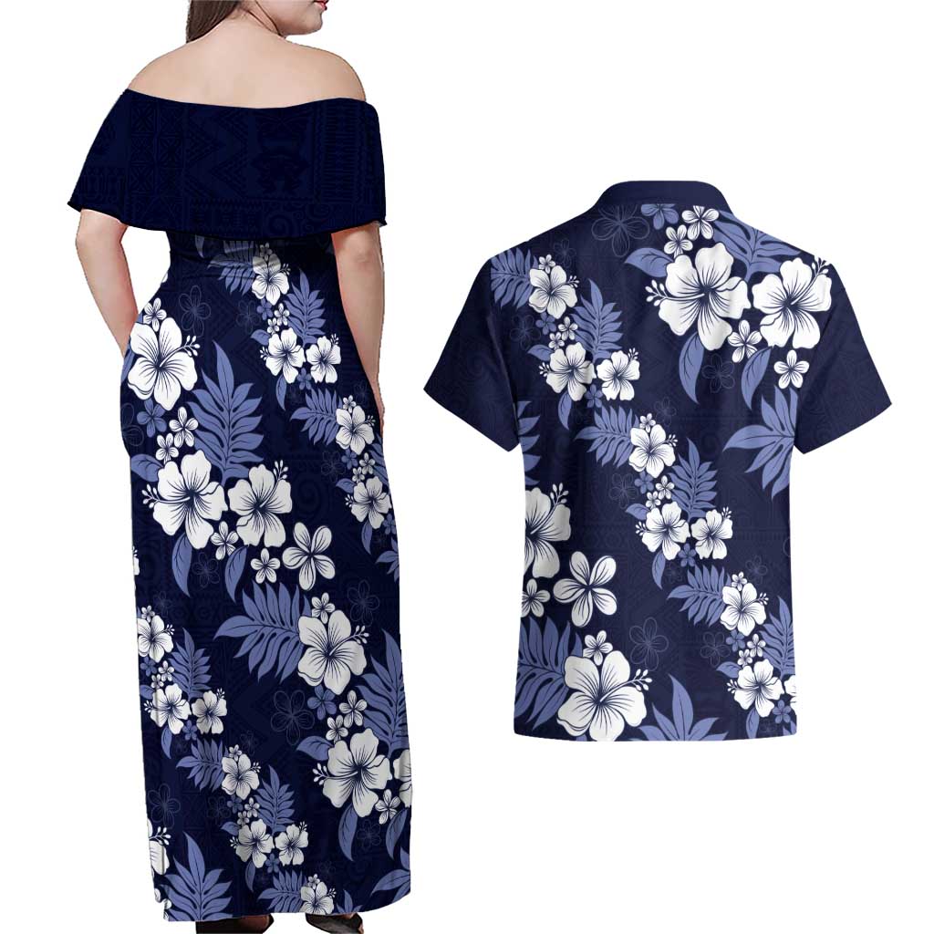 Hawaiian Hibiscus Tribal Floral Blue Couples Matching Off Shoulder Maxi Dress and Hawaiian Shirt Polynesian Tapa Pattern - Polynesian Pride