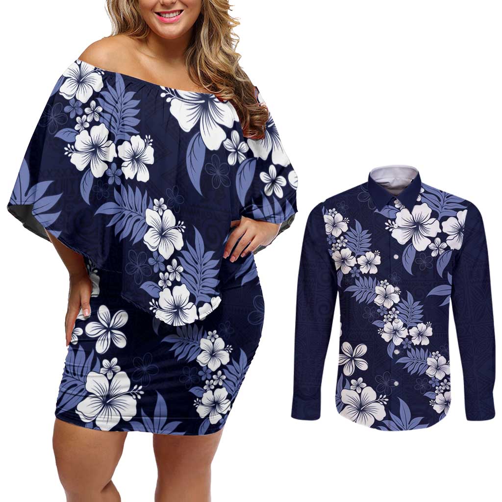 Hawaiian Hibiscus Tribal Floral Blue Couples Matching Off Shoulder Short Dress and Long Sleeve Button Shirt Polynesian Tapa Pattern - Polynesian Pride