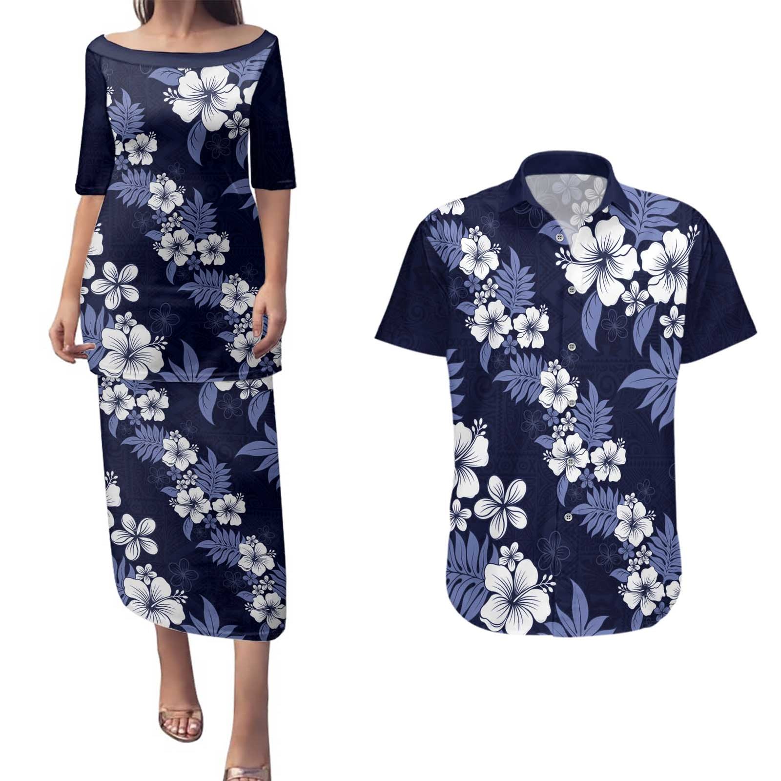 Hawaiian Hibiscus Tribal Floral Blue Couples Matching Puletasi and Hawaiian Shirt Polynesian Tapa Pattern - Polynesian Pride