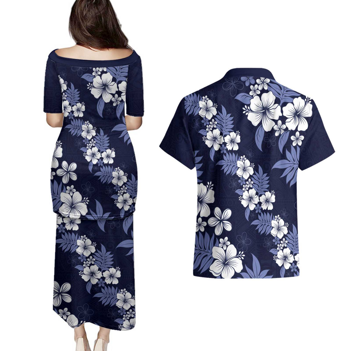Hawaiian Hibiscus Tribal Floral Blue Couples Matching Puletasi and Hawaiian Shirt Polynesian Tapa Pattern - Polynesian Pride