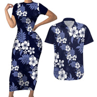Hawaiian Hibiscus Tribal Floral Blue Couples Matching Short Sleeve Bodycon Dress and Hawaiian Shirt Polynesian Tapa Pattern LT01 Blue - Polynesian Pride