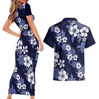 Hawaiian Hibiscus Tribal Floral Blue Couples Matching Short Sleeve Bodycon Dress and Hawaiian Shirt Polynesian Tapa Pattern LT01 - Polynesian Pride