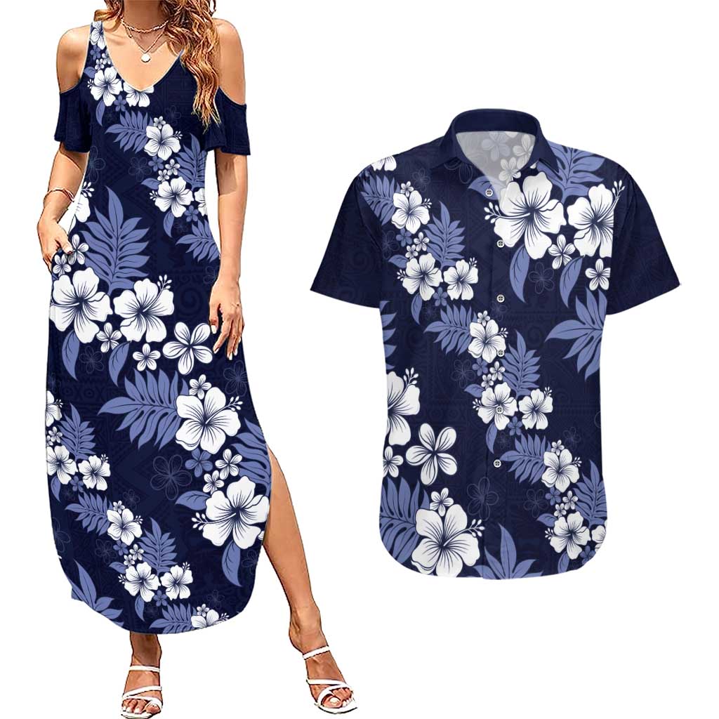 Hawaiian Hibiscus Tribal Floral Blue Couples Matching Summer Maxi Dress and Hawaiian Shirt Polynesian Tapa Pattern - Polynesian Pride