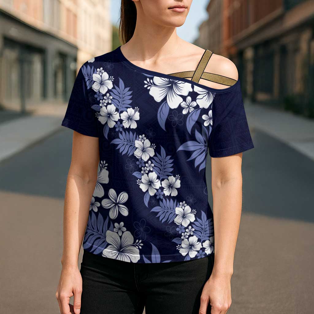 Hawaiian Hibiscus Tribal Floral Blue Cross Shoulder Shirt Polynesian Tapa Pattern - Polynesian Pride