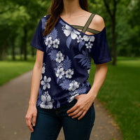 Hawaiian Hibiscus Tribal Floral Blue Cross Shoulder Shirt Polynesian Tapa Pattern - Polynesian Pride