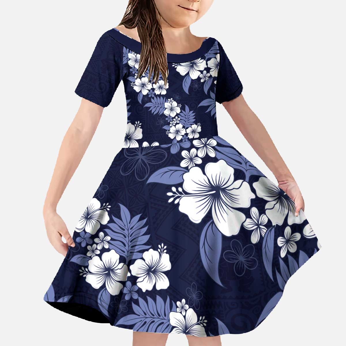 Hawaiian Hibiscus Tribal Floral Blue Family Matching Off The Shoulder Long Sleeve Dress and Hawaiian Shirt Polynesian Tapa Pattern LT01 Daughter's Dress Blue - Polynesian Pride