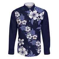 Hawaiian Hibiscus Tribal Floral Blue Family Matching Off The Shoulder Long Sleeve Dress and Hawaiian Shirt Polynesian Tapa Pattern LT01 Dad's Shirt - Long Sleeve Blue - Polynesian Pride
