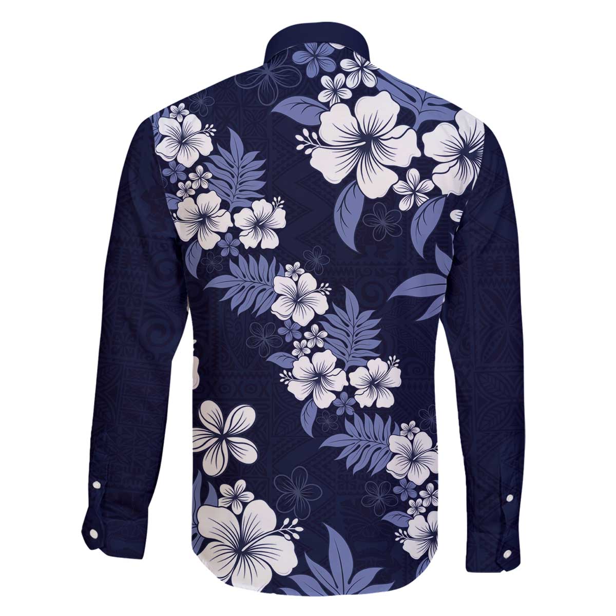 Hawaiian Hibiscus Tribal Floral Blue Family Matching Off The Shoulder Long Sleeve Dress and Hawaiian Shirt Polynesian Tapa Pattern LT01 - Polynesian Pride