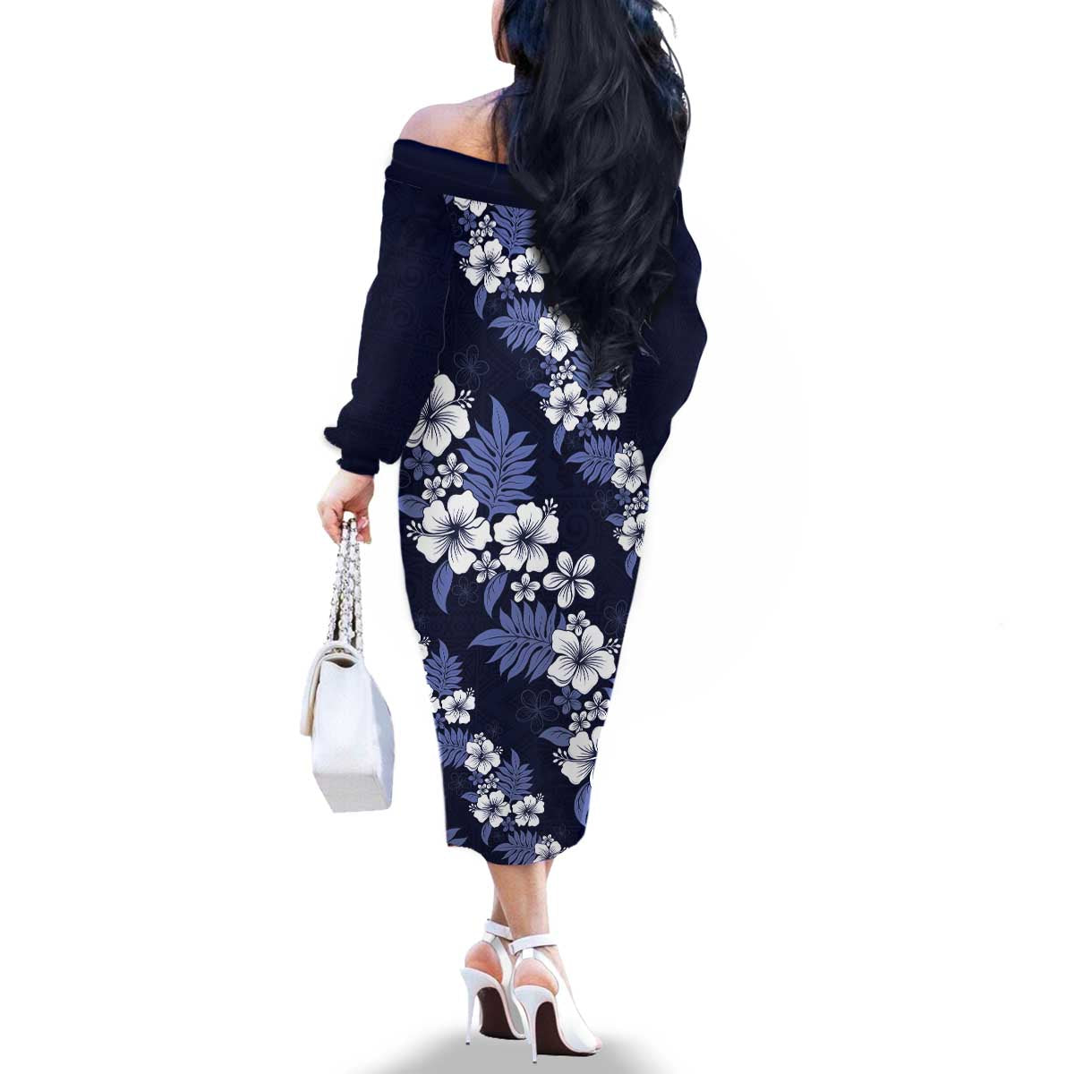 Hawaiian Hibiscus Tribal Floral Blue Family Matching Off The Shoulder Long Sleeve Dress and Hawaiian Shirt Polynesian Tapa Pattern LT01 - Polynesian Pride