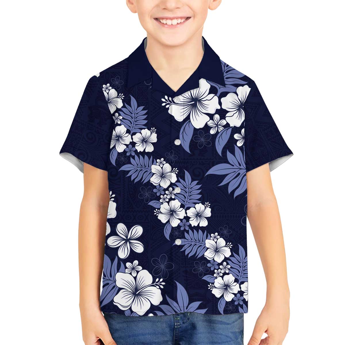 Hawaiian Hibiscus Tribal Floral Blue Family Matching Off The Shoulder Long Sleeve Dress and Hawaiian Shirt Polynesian Tapa Pattern LT01 Son's Shirt Blue - Polynesian Pride