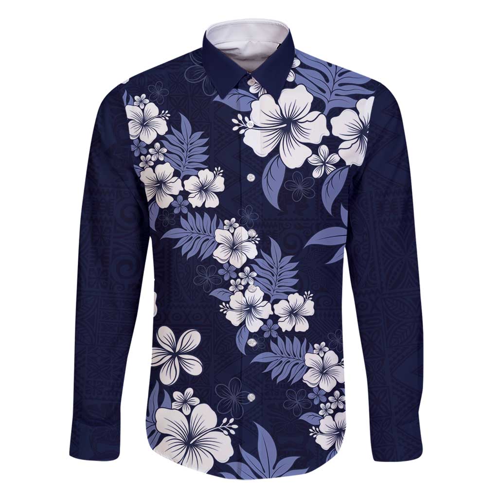Hawaiian Hibiscus Tribal Floral Blue Family Matching Off Shoulder Maxi Dress and Hawaiian Shirt Polynesian Tapa Pattern LT01 Dad's Shirt - Long Sleeve Blue - Polynesian Pride