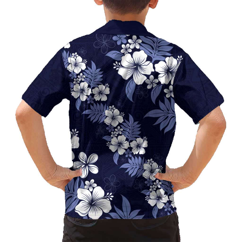 Hawaiian Hibiscus Tribal Floral Blue Family Matching Off Shoulder Short Dress and Hawaiian Shirt Polynesian Tapa Pattern LT01 - Polynesian Pride