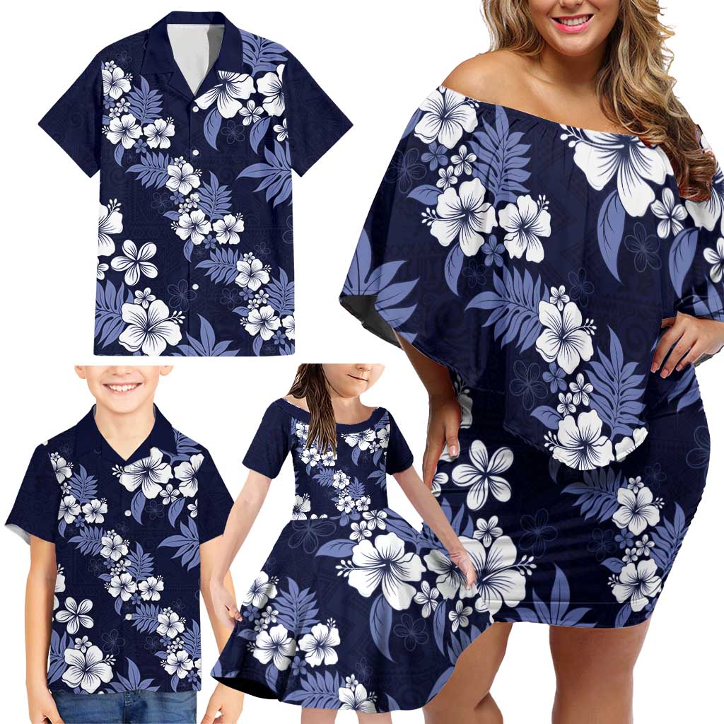 Hawaiian Hibiscus Tribal Floral Blue Family Matching Off Shoulder Short Dress and Hawaiian Shirt Polynesian Tapa Pattern LT01 - Polynesian Pride
