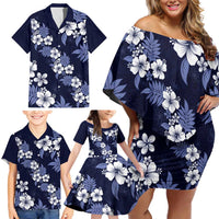 Hawaiian Hibiscus Tribal Floral Blue Family Matching Off Shoulder Short Dress and Hawaiian Shirt Polynesian Tapa Pattern LT01 - Polynesian Pride