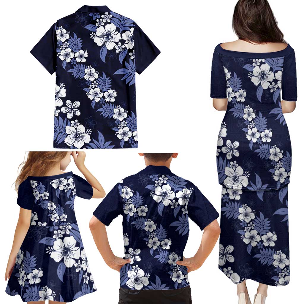 Hawaiian Hibiscus Tribal Floral Blue Family Matching Puletasi and Hawaiian Shirt Polynesian Tapa Pattern - Polynesian Pride
