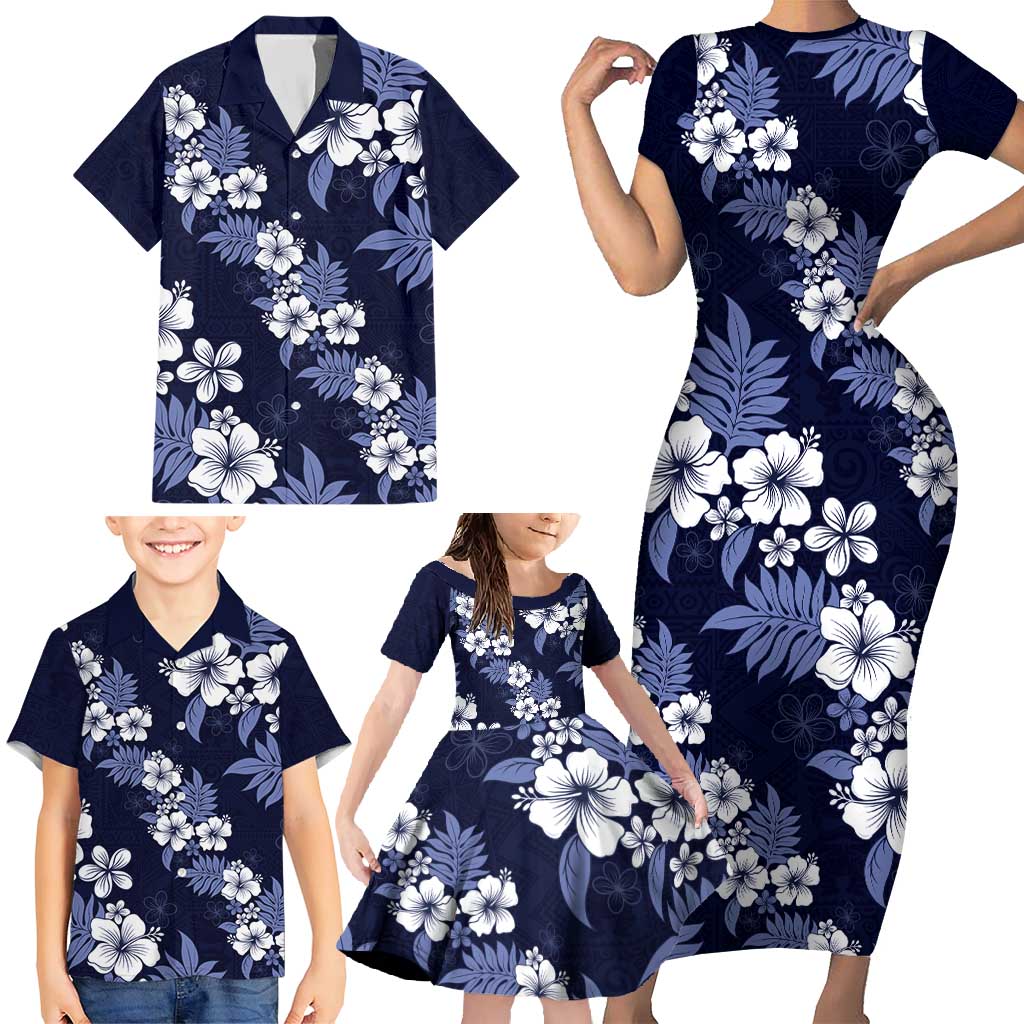 Hawaiian Hibiscus Tribal Floral Blue Family Matching Short Sleeve Bodycon Dress and Hawaiian Shirt Polynesian Tapa Pattern - Polynesian Pride