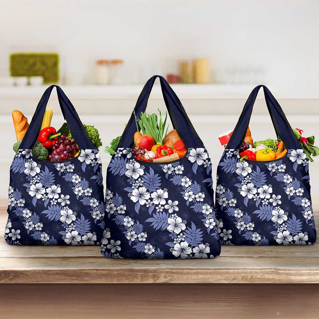 Hawaiian Hibiscus Tribal Floral Blue Grocery Bag Polynesian Tapa Pattern - Polynesian Pride