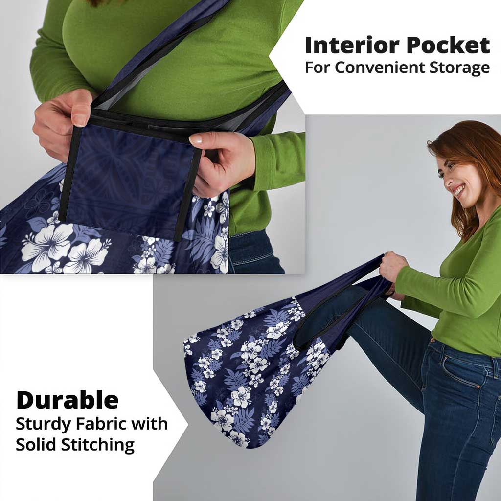 Hawaiian Hibiscus Tribal Floral Blue Grocery Bag Polynesian Tapa Pattern - Polynesian Pride