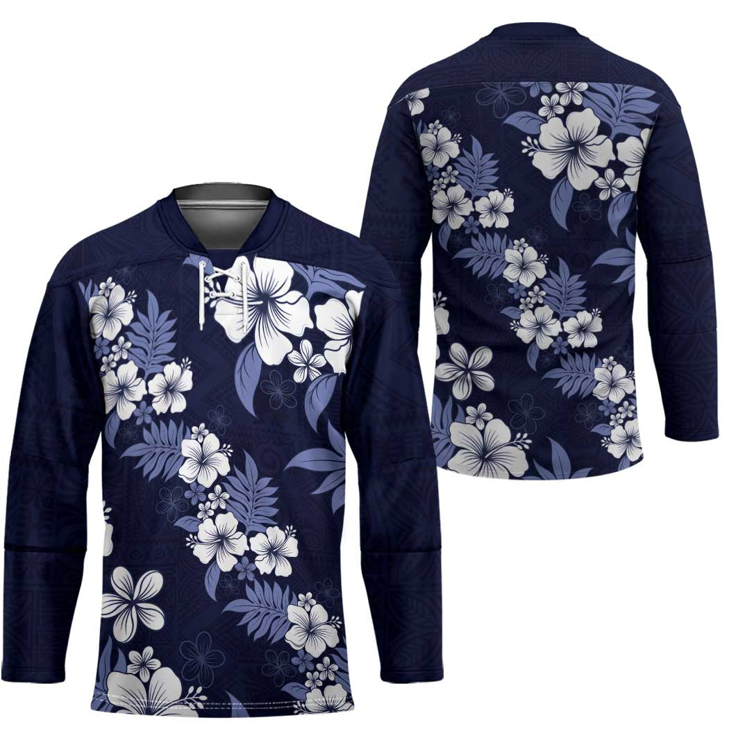Hawaiian Hibiscus Tribal Floral Blue Hockey Jersey Polynesian Tapa Pattern - Polynesian Pride