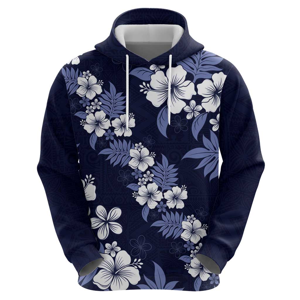 Hawaiian Hibiscus Tribal Floral Blue Hoodie Polynesian Tapa Pattern - Polynesian Pride