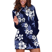 Hawaiian Hibiscus Tribal Floral Blue Hoodie Dress Polynesian Tapa Pattern - Polynesian Pride