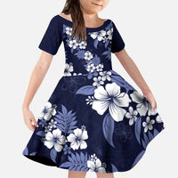 Hawaiian Hibiscus Tribal Floral Blue Kid Short Sleeve Dress Polynesian Tapa Pattern - Polynesian Pride