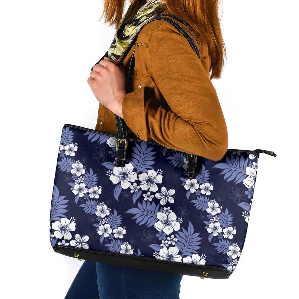 Hawaiian Hibiscus Tribal Floral Blue Leather Tote Bag Polynesian Tapa Pattern - Polynesian Pride