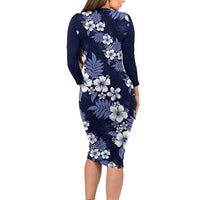 Hawaiian Hibiscus Tribal Floral Blue Long Sleeve Bodycon Dress Polynesian Tapa Pattern - Polynesian Pride