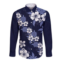 Hawaiian Hibiscus Tribal Floral Blue Long Sleeve Button Shirt Polynesian Tapa Pattern - Polynesian Pride